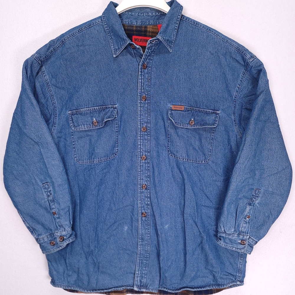 Wolverine Mens XXL Denim Shirt Jacket Plaid Fleece Lined Blue Cotton Shacket